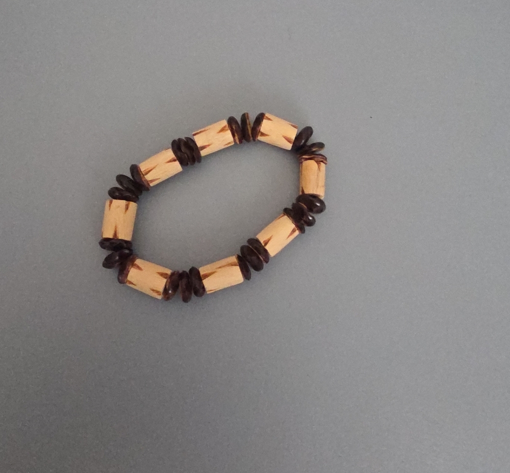 Bamboo and Dark Wood Bead Stretch Bracelet - Natural Brown